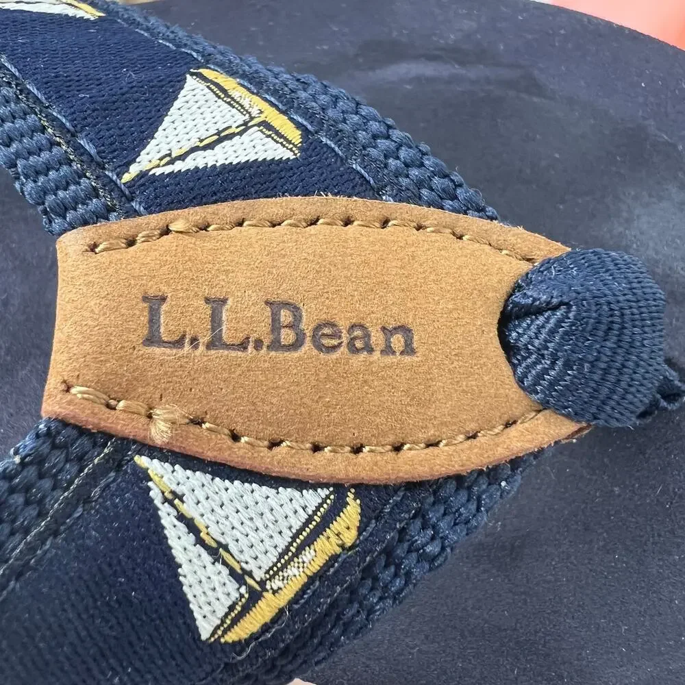 L.L. BEAN Women's Navy & Yellow Sailboat Flip Flop Sandals 9  Nautical Coastal